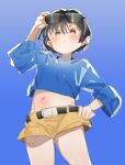  1girl :&lt; atage belt black_belt black_hair blue_background blue_shirt blush brown_eyes brown_shorts closed_mouth cowboy_shot earrings hand_on_hip hand_up jewelry long_sleeves looking_at_viewer midriff navel original shirt short_hair short_shorts shorts solo stud_earrings sunglasses 