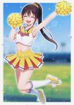  1girl absurdres arm_up armpits bangs blurry blurry_background border cheerleader closed_eyes collarbone commentary_request confetti crop_top eyebrows_visible_through_hair full_body hand_up happy highres holding holding_pom_poms isshokuitaru jumping kneehighs long_hair navel open_mouth original outside_border pleated_skirt pom_pom_(cheerleading) ponytail shiny shiny_hair shoes signature skirt sleeveless smile sneakers solo teeth thighs upper_teeth white_border white_legwear yellow_footwear yellow_skirt 
