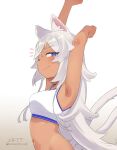  1girl absurdres armpits arms_up bangs closed_mouth dark-skinned_female dark_skin highres long_hair looking_at_viewer looking_to_the_side navel original owasaki signature solo sports_bra stretch tail tears violet_eyes white_background white_hair wolf_girl wolf_tail 