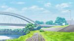  annin_(anninnanninn) blue_sky bridge building bush clouds commentary_request grass highres lamppost no_humans original outdoors river scenery sky stairs tree water 