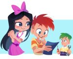  1girl 2boys big_nose blue_eyes blueprint blush bow brothers dress ferb_fletcher green_hair hair_bow half-closed_eyes holding holding_paper holding_screwdriver holding_wrench isabella_garcia-shapiro long_hair multiple_boys open_mouth own_hands_clasped own_hands_together paper phineas_and_ferb phineas_flynn pink_bow pink_dress pointy_hair redhead redrawn screwdriver shirt siblings smile step-siblings striped striped_shirt ukata wrench 