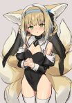  1girl animal_ears arknights bare_shoulders black_leotard blue_hairband blush braid covered_navel cowboy_shot detached_sleeves eyebrows_visible_through_hair fox_ears fox_girl fox_tail green_eyes habit hairband highres interlocked_fingers leotard light_brown_hair long_sleeves looking_at_viewer multiple_tails own_hands_together parted_lips sigm@ simple_background solo suzuran_(arknights) tail thigh-highs 