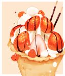  bird chai_(drawingchisanne) chocolate chocolate_syrup commentary_request cream crepe food food_focus fruit looking_at_viewer marshmallow no_humans on_food original pocky signature simple_background sitting_on_food sparkle strawberry undersized_animal whipped_cream 