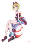  1girl bangs bare_shoulders blonde_hair blue_eyes blush breasts highres irida_(pokemon) jazztaki jewelry looking_at_viewer neck_ring obi pokemon pokemon_(game) pokemon_legends:_arceus red_headwear red_shirt sash shirt shorts sitting small_breasts smile solo strapless strapless_shirt white_shorts 