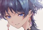  1boy bangs bishounen black_hair blue_eyes ear_piercing earrings english_commentary eyelashes genshin_impact grey_background highres jewelry looking_at_viewer male_focus piercing portrait scaramouche_(genshin_impact) simple_background smile solo yamabuki_(laysis_yama) 