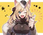  1girl ;d animal_ear_fluff animal_ears arknights black_headwear blonde_hair blue_eyes breasts bright_pupils cape eyebrows_visible_through_hair garrison_cap grey_cape hat horse_ears large_breasts long_hair long_sleeves noinoi5551 one_eye_closed outline smile solo star_(symbol) thick_eyebrows thumbs_up upper_body v-shaped_eyebrows whislash_(arknights) white_outline yellow_background 