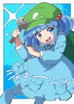  1girl backpack bag bangs blue_background blue_eyes blue_footwear blue_hair blue_skirt blunt_bangs boots eyebrows_visible_through_hair flat_cap green_headwear hair_bobbles hair_ornament hat highres holding holding_wrench kawashiro_nitori long_sleeves looking_at_viewer miz_(mizillustration) open_mouth outline outside_border pocket rubber_boots short_hair skirt solo touhou two_side_up v-shaped_eyebrows white_outline wrench 