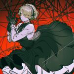  1girl adjusting_clothes adjusting_gloves black_background black_dress black_gloves breasts commentary danganronpa_(series) danganronpa_v3:_killing_harmony dated dress eyes_visible_through_hair feet_out_of_frame film_grain gloves gradient gradient_background hair_over_one_eye hand_up haun light_brown_hair looking_at_viewer maid medium_breasts red_background serious shirt short_hair simple_background solo thread toujou_kirumi white_shirt yellow_eyes 