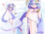  1girl arm_up bandaged_leg bandages barefoot blue_eyes breasts dress flower hair_flower hair_ornament hat highres kaede_(shijie_heping) light_blue_eyes mini_hat multiple_views nail_polish open_mouth original own_hands_together purple_hair see-through see-through_dress short_hair sleeveless sleeveless_dress small_breasts smile strap toenail_polish toenails veil 