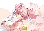  1girl blush bow close-up commentary dot_nose dress eyebrows_visible_through_hair floating_hair gloves hair_ribbon hand_up highres kaname_madoka kyubey looking_to_the_side magia_record:_mahou_shoujo_madoka_magica_gaiden mahou_shoujo_madoka_magica pink_dress pink_eyes pink_hair red_ribbon ribbon shan_tong_tong smile solo twintails upper_body waist_bow white_background white_gloves 