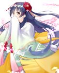  1girl absurdres black_hair closed_mouth flower hair_ornament hanakoto_igusa highres japanese_clothes kimono long_hair looking_at_viewer rascala39 ribbon shrims simple_background skirt smile solo standing virtual_youtuber yellow_eyes 