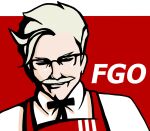  1boy ahoge apron bow bowtie closed_eyes colonel_sanders commentary_request crokase facial_hair fate/grand_order fate_(series) glasses grey_hair grin james_moriarty_(fate) kfc male_focus mustache no_bangs old old_man parody red_background smile solo 