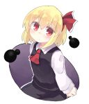 1girl bangs black_dress blonde_hair blush bow breasts collared_shirt commentary_request dress eyebrows_visible_through_hair fang hair_bow highres kibisake long_sleeves pinafore_dress red_bow red_eyes rumia shirt short_hair skin_fang small_breasts touhou upper_body white_shirt 