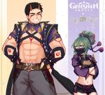  1boy 1girl ^_^ abs alternate_costume arataki_itto arataki_itto_(cosplay) bare_pectorals black_hair blush closed_eyes cosplay facial_hair feet_out_of_frame genshin_impact goatee green_eyes green_hair grin height_difference highres igarashi_futaba_(shiromanta) kuki_shinobu kuki_shinobu_(cosplay) mask mature_male medium_hair mouth_mask muscular muscular_male navel ninja_mask pan_ccp pectorals senpai_ga_uzai_kouhai_no_hanashi short_hair smile stomach stubble takeda_harumi_(shiromanta) thick_eyebrows 