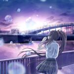  1girl bangs bridge brown_hair bubble building clouds commentary_request fence highres kumagaya_nono long_hair original outdoors plaid plaid_skirt ponytail purple_sky purple_theme scenery school_uniform shirt short_sleeves skirt solo sunset violet_eyes water white_shirt 