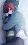  1boy bangs bed black_eyes blush closed_mouth from_side highres hiiragi_hiiro hug looking_away lying male_focus midriff object_hug on_side original pillow pillow_hug redhead short_hair signature solo sweater 