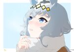  1girl absurdres ahoge animal_ears artist_name bangs blue_eyes blush breath commentary_request grey_hair hand_up highres horse_ears lips long_hair looking_up multicolored_hair oguri_cap_(umamusume) parted_lips portrait scarf snow solo umamusume zetsuyo_chimayo 