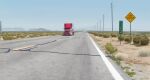  america artist_name blue_sky commentary_request desert grass ground_vehicle highres motor_vehicle mountain no_humans ogata_tank original outdoors power_lines road road_sign scenery semi_truck sign sky trailer truck utility_pole volvo watermark 