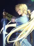  1boy bangs blonde_hair blue_eyes blue_tunic closed_mouth earrings fingerless_gloves from_side gloves hair_between_eyes highres holding holding_sword holding_weapon jewelry korean_commentary link male_focus master_sword nnnnnnnn_223 pointy_ears ponytail profile sheath sheathed solo sword the_legend_of_zelda the_legend_of_zelda:_breath_of_the_wild tunic upper_body weapon weapon_on_back 