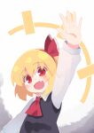  1girl bangs black_dress blonde_hair blush bow collared_shirt commentary_request dress fang hair_bow happy kibisake long_sleeves open_mouth pinafore_dress red_bow red_eyes rumia shirt short_hair skin_fang touhou upper_body white_shirt 