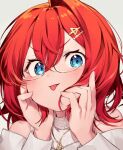  1girl :p ange_katrina bangs blue_eyes blush eyebrows_visible_through_hair glasses hair_between_eyes hair_ornament hairclip jewelry long_sleeves looking_at_viewer medium_hair necklace nijisanji portrait redhead simple_background single_hair_intake solo sukuna136 tongue tongue_out v-shaped_eyebrows virtual_youtuber white_background 