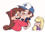  1boy 2girls baseball_cap blonde_hair blush_stickers brown_hair cheek-to-cheek crossed_arms dipper_pines earrings gravity_falls grin hairband half-closed_eyes hat heads_together hug jewelry long_hair mabel_pines multiple_girls official_style one_eye_closed open_mouth pacifica_northwest serious siblings sketch sleeveless sleeveless_jacket smile sweater twins ukata upper_body 
