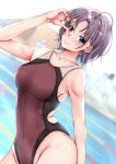  1girl asakura_tooru bangs bare_arms bare_shoulders blue_eyes blurry blurry_background blush breasts closed_mouth collarbone commentary commentary_request competition_swimsuit covered_navel idolmaster idolmaster_shiny_colors large_breasts looking_at_viewer one-piece_swimsuit parted_bangs pool purple_hair purple_swimsuit shohei_(piranha5hk) smile solo swimsuit 