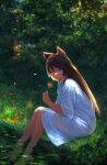  1girl absurdres animal_ears backlighting barefoot black_hair blurry bug butterfly caustics dappled_sunlight day depth_of_field dress erune flower granblue_fantasy grass hair_between_eyes highres holding holding_flower kasaman95 light_particles long_hair looking_at_viewer nature nier_(granblue_fantasy) outdoors partially_immersed partially_submerged plant red_eyes refraction see-through sitting smile solo spider_lily sunlight wading water white_dress 