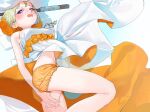  1girl bare_shoulders blonde_hair blush breasts dress embarrassed flower freckles hair_flower hair_ornament hair_stick highres kaede_(shijie_heping) large_breasts long_dress mask mask_on_head navel open_mouth original own_hands_together short_hair short_shorts shorts tassel tearing_up violet_eyes wavy_mouth 