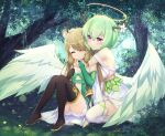 2girls ^_^ angel angel_wings antlers bangs bare_shoulders black_footwear black_legwear boots breasts bridal_gauntlets brown_hair closed_eyes closed_mouth commentary_request day dress eyebrows_visible_through_hair feathered_wings flower forest green_dress green_hair hair_between_eyes halo highres hug hug_from_behind knees_up long_hair medium_breasts multiple_girls nature original outdoors poppy_(poppykakaka) short_shorts shorts small_breasts smile thigh-highs thigh_boots tree very_long_hair violet_eyes white_dress white_flower white_legwear white_shorts white_wings wings 