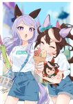  2girls absurdres animal_ears artist_name bag bangs biting blue_shorts blue_skirt blurry blurry_background breasts bright_pupils brown_hair character_doll closed_eyes cowboy_shot doll_hug ear_covers food highres holding holding_food horse_ears horse_girl horse_tail ice_cream ice_cream_cone long_hair mejiro_mcqueen_(umamusume) multicolored_hair multiple_girls object_hug open_mouth ponytail purple_hair shirt shirt_tucked_in short_sleeves shorts shoulder_bag skirt small_breasts streaked_hair symboli_rudolf_(umamusume) tail thick_eyebrows tokai_teio_(umamusume) umamusume v-shaped_eyebrows violet_eyes walking white_pupils white_shirt zetsuyo_chimayo 