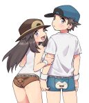  1boy 1girl alternate_costume baseball_cap blue_headwear blue_male_underwear blush boxer_briefs breasts brown_eyes brown_hair brown_headwear brown_panties character_print closed_mouth clothes_writing commentary_request copyright_name cowboy_shot eevee from_behind hand_up happy hat highres holding_another&#039;s_arm leaf_(pokemon) leaning_forward long_hair looking_at_viewer looking_back male_underwear open_mouth panties partial_commentary pokemon pokemon_(game) pokemon_frlg pumpkinpan red_(pokemon) shiny shiny_hair shirt short_hair short_sleeves sidelocks simple_background sleeveless sleeveless_shirt small_breasts smile snorlax spiky_hair standing sweatband underwear white_background white_shirt 