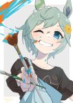  1girl absurdres animal_ears artist_name bangs black_shirt blue_eyes blurry blurry_foreground blush collarbone depth_of_field green_hair grin hair_ornament highres holding holding_paintbrush horse_ears looking_at_viewer one_eye_closed open_mouth overalls paint paint_stains paintbrush seiun_sky_(umamusume) shirt short_hair sleeves_rolled_up smile solo teeth umamusume upper_body zetsuyo_chimayo 