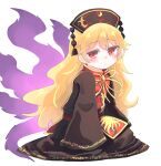  1girl aura black_dress blonde_hair chinese_clothes commentary_request crescent dress highres junko_(touhou) kibisake long_hair long_sleeves orange_tabard phoenix_crown red_eyes ribbon simple_background sleeves_past_fingers sleeves_past_wrists tabard touhou very_long_hair white_background wide_sleeves yellow_ribbon 