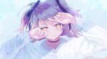  bangs bow choker crying crying_with_eyes_open earrings eyebrows_visible_through_hair hair_bow jewelry looking_at_viewer namako_(namacotan) purple_hair re:act shishigami_leona simple_background tears two_side_up upper_body virtual_youtuber yellow_eyes 