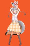  1girl absurdres animal_ear_fluff animal_ears boots highres island_fox_(kemono_friends) kemono_friends kemono_friends_v_project long_hair looking_at_viewer microphone necktie open_mouth rascala39 ribbon shirt silver_hair simple_background skirt smile solo standing tail twintails virtual_youtuber 