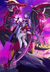  1girl absurdres armor bangs bare_shoulders benares_(honkai_impact) closed_mouth dragon electricity full_body gauntlets highres holding holding_sword holding_weapon honkai_(series) honkai_impact_3rd horns japanese_armor katana long_hair looking_at_viewer mikuandalice outdoors purple_hair purple_sky raiden_mei raiden_mei_(herrscher_of_thunder) solo standing sword thigh-highs violet_eyes weapon white_legwear 