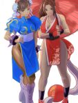  2girls bangs bare_shoulders bracelet breasts brown_eyes brown_hair bun_cover china_dress chinese_clothes chun-li closed_mouth crossover double_bun dress fatal_fury friends full_body hand_on_hip high_ponytail highres holding holding_umbrella jewelry looking_at_viewer medium_breasts meke_(77842928) multiple_girls ninja pantyhose pelvic_curtain revealing_clothes shiranui_mai smile spiked_bracelet spikes standing street_fighter symbol-only_commentary the_king_of_fighters thick_thighs thighs umbrella 