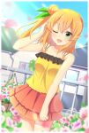  1girl ;d bangs bare_arms bare_shoulders blonde_hair blue_sky blurry blurry_foreground blush camisole collarbone commentary_request day depth_of_field eyebrows_visible_through_hair flower green_eyes hair_between_eyes hair_bun hand_up highres hinatsuki_mikan house layered_skirt long_hair looking_at_viewer machikado_mazoku one_eye_closed one_side_up outdoors pleated_skirt purple_flower red_skirt side_bun skirt sky smile solo standing window x-6 yellow_camisole 