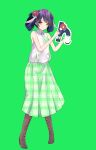  1girl absurdres black_hair boots closed_mouth green_background hanakoto_igusa highres long_hair looking_at_viewer microphone necktie rascala39 ribbon shirt simple_background skirt smile solo standing virtual_youtuber yellow_eyes 