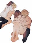  1boy 1girl abs artist_name barefoot blonde_hair blue_eyes bottomless brown_hair cloud_strife couple english_commentary feet final_fantasy final_fantasy_vii final_fantasy_vii_remake girl_on_top highres hug hug_from_behind long_hair looking_at_another maiii_(smaii_i) pants red_eyes shirt spiky_hair tifa_lockhart topless_male twitter_username white_background white_shirt 