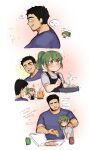  1boy 1girl blush casual closed_eyes contemporary cooking couple failure fire food heart hetero highres igarashi_futaba_(shiromanta) imagining long_hair muscular muscular_male pan_ccp pizza senpai_ga_uzai_kouhai_no_hanashi shirt short_hair smoke t-shirt takeda_harumi_(shiromanta) 