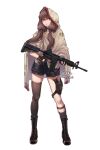  1girl absurdres ar-15 assault_rifle black_footwear black_gloves black_legwear boots brown_cape brown_hair cape dated fingerless_gloves full_body gloves guiyexiazhi gun highres holding holding_weapon hood hooded_cape long_hair looking_at_viewer m16 original red_eyes rifle short_shorts shorts simple_background single_thighhigh solo standing thigh-highs weapon white_background 