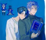  2boys ace_attorney animal ato_(ml_cc_g) barok_van_zieks black_hair black_sweater blue_background book cat closed_eyes grey_hair hat head_on_another&#039;s_shoulder highres holding holding_book hood hood_up jacket kazuma_asogi looking_at_viewer male_focus multiple_boys scar scar_on_face sweater symbol-only_commentary the_great_ace_attorney top_hat upper_body white_sweater 