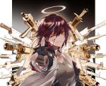  1girl absurdres arknights black_gloves blood blood_on_face breasts brown_tank_top closed_mouth commentary_request elite_ii_(arknights) exusiai_(arknights) finger_gun fingerless_gloves gloves gun halo highres jacket jiji_(pixiv10646874) off_shoulder one_eye_closed orange_eyes redhead short_hair solo tank_top weapon white_jacket 