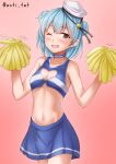  1girl alternate_costume anti_(untea9) blue_hair blue_skirt blush brown_eyes cheering cheerleader collarbone cowboy_shot dixie_cup_hat double_bun eyebrows_visible_through_hair hat highres holding holding_pom_poms kantai_collection military_hat motion_lines navel one_eye_closed open_mouth pleated_skirt pom_pom_(cheerleading) samuel_b._roberts_(kancolle) short_hair skirt smile solo twitter_username white_headwear 