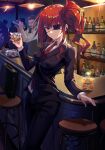  1boy 1girl 3others alcohol bangs bartender black_pants bottle breasts commission cup drinking_glass english_commentary eyepatch holding holding_cup long_sleeves looking_at_viewer maji_de_watashi_ni_koi_shinasai! margit_eberbach multiple_others necktie niac one_side_up pants red_eyes red_tie redhead short_hair sidelocks standing vest 