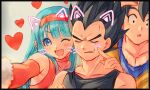  1girl 2boys :o ;d bangs bare_shoulders black_hair blue_bodysuit blue_eyes blue_hair blush bodysuit bra_(dragon_ball) choker closed_eyes crop_top dougi dragon_ball dragon_ball_gt earrings elbow_gloves father_and_daughter fingersmile forced_smile gloves heart jewelry long_hair looking_at_viewer mamefuku_(mamedehuku) multiple_boys one_eye_closed open_mouth outstretched_arm red_choker red_gloves saiyan selfie short_hair smile son_goku spiky_hair vegeta 