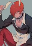  1boy absurdres animal_ears bangs beniazumaru closed_mouth collar grey_background hair_over_one_eye highres long_sleeves looking_at_viewer male_focus pants pectoral_cleavage pectorals rabbit_ears red_pants redhead short_hair simple_background solo the_king_of_fighters yagami_iori 