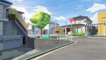  air_conditioner balcony blue_sky building car clouds commentary_request garage ground_vehicle highres house isbeyvan japan motor_vehicle no_humans original outdoors painting power_lines scenery shadow sky tree utility_pole window 